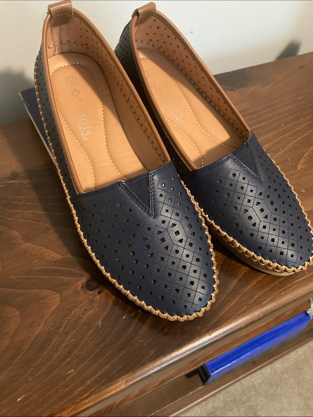 Spring Step Navy Perforated Slip-On Flats with Tan Trim